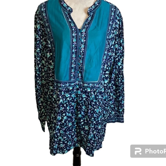 Women within blouse SZ 1X cottage core danity floral print blue & turquo… - Picture 1 of 8